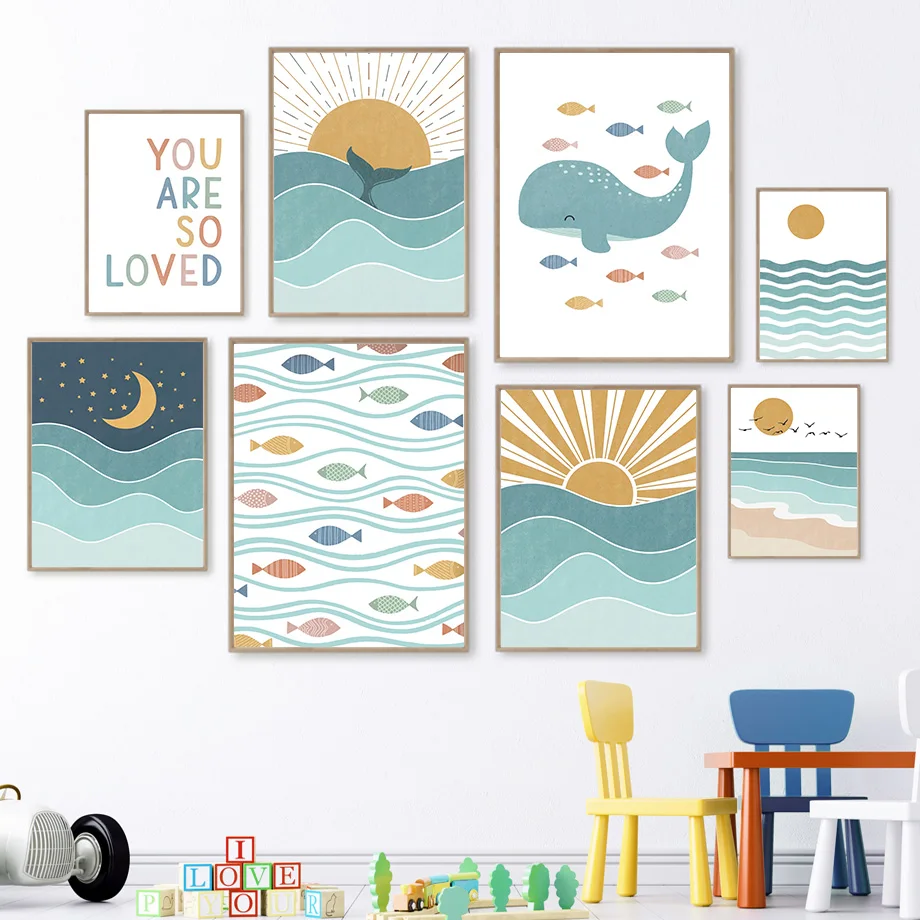 Baby Nursery Quotes Wall Art - 1pc frameless Fish Whale Seagull Sunrise