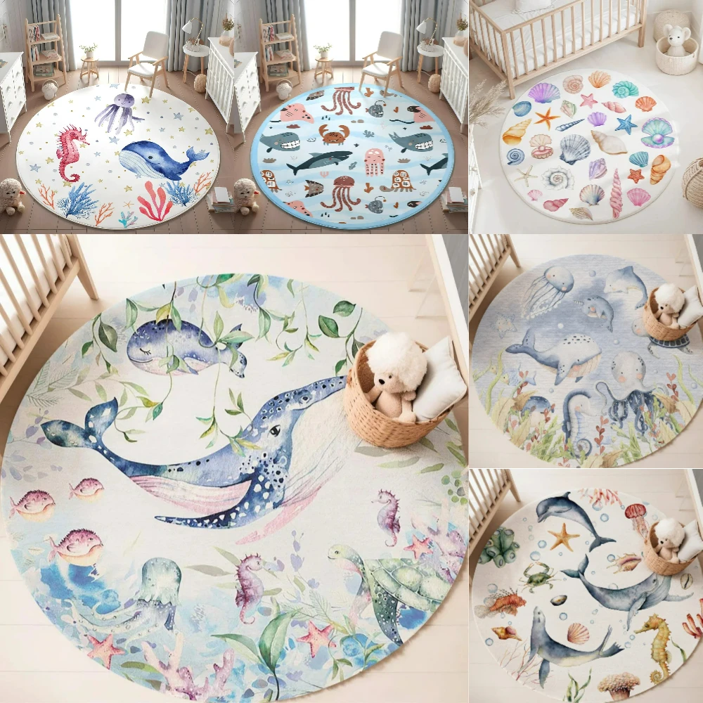 Baby Nursery Rug - Blue Marine animal Round Carpet for
