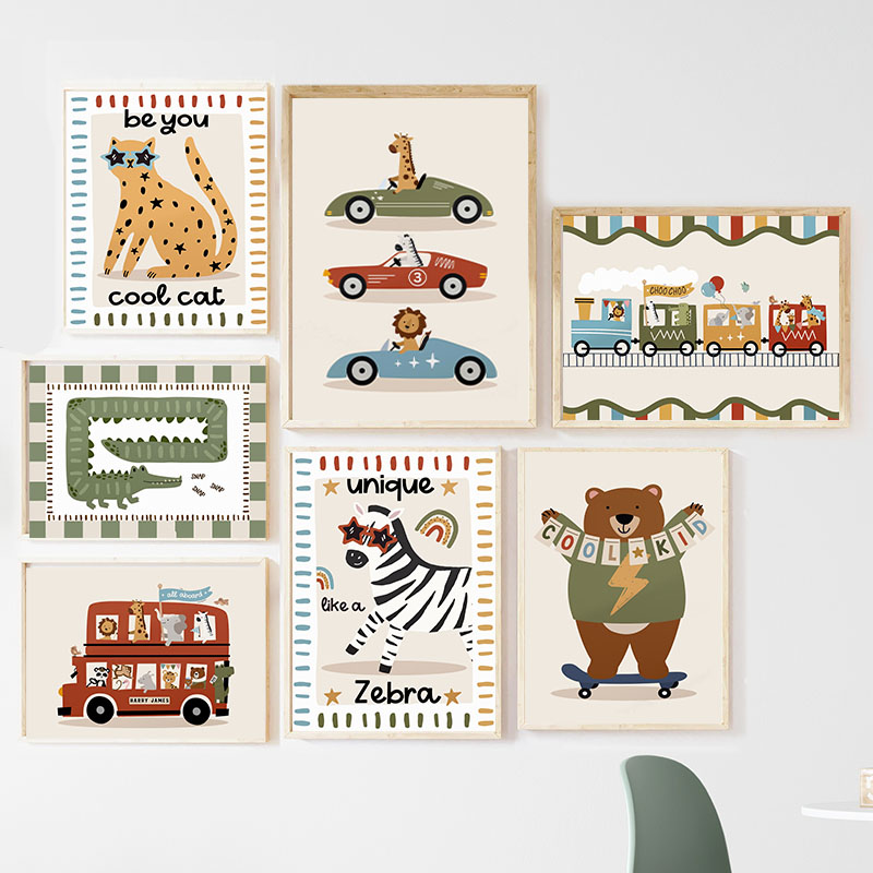 Funny Cartoon Animals Car Bus  - đánh giá và giá Baby Nursery Animal Prints
